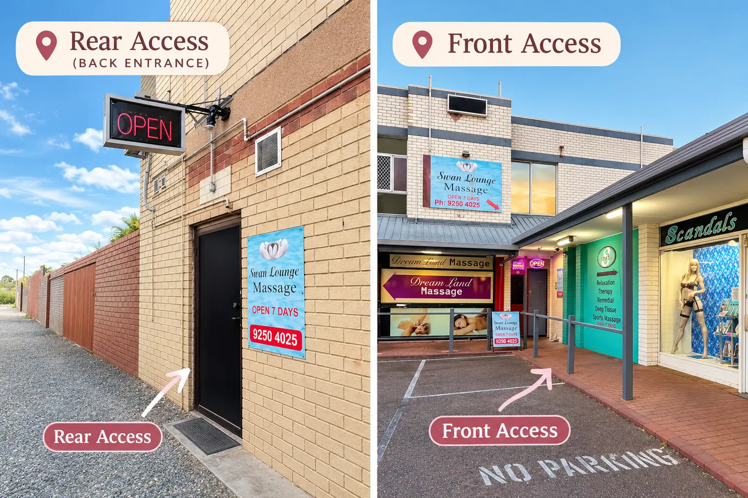 Swan Lounge’s rear entrance with the OPEN sign and front entrance beside the neighbouring shops, both marked with arrows
